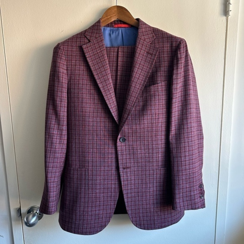 ISAIA Red and Blue Silk Wool Glenplaid Suit EU 50